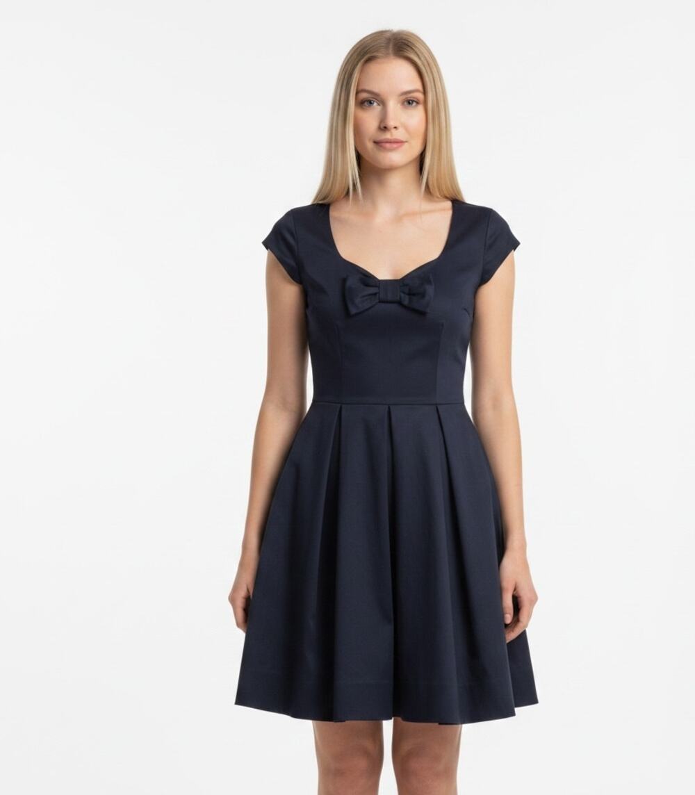 Kate Spade New York Dress Size 2 Navy Black Bow Fit Flare Pleated Cocktail